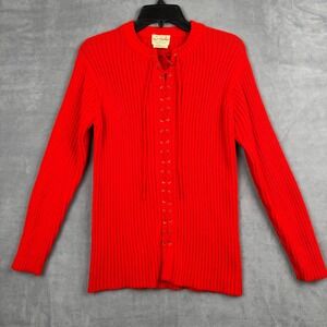 Vintage Fully Fashioned Red Ribbed Lace Up Sweater Women Medium Acrylic Knit